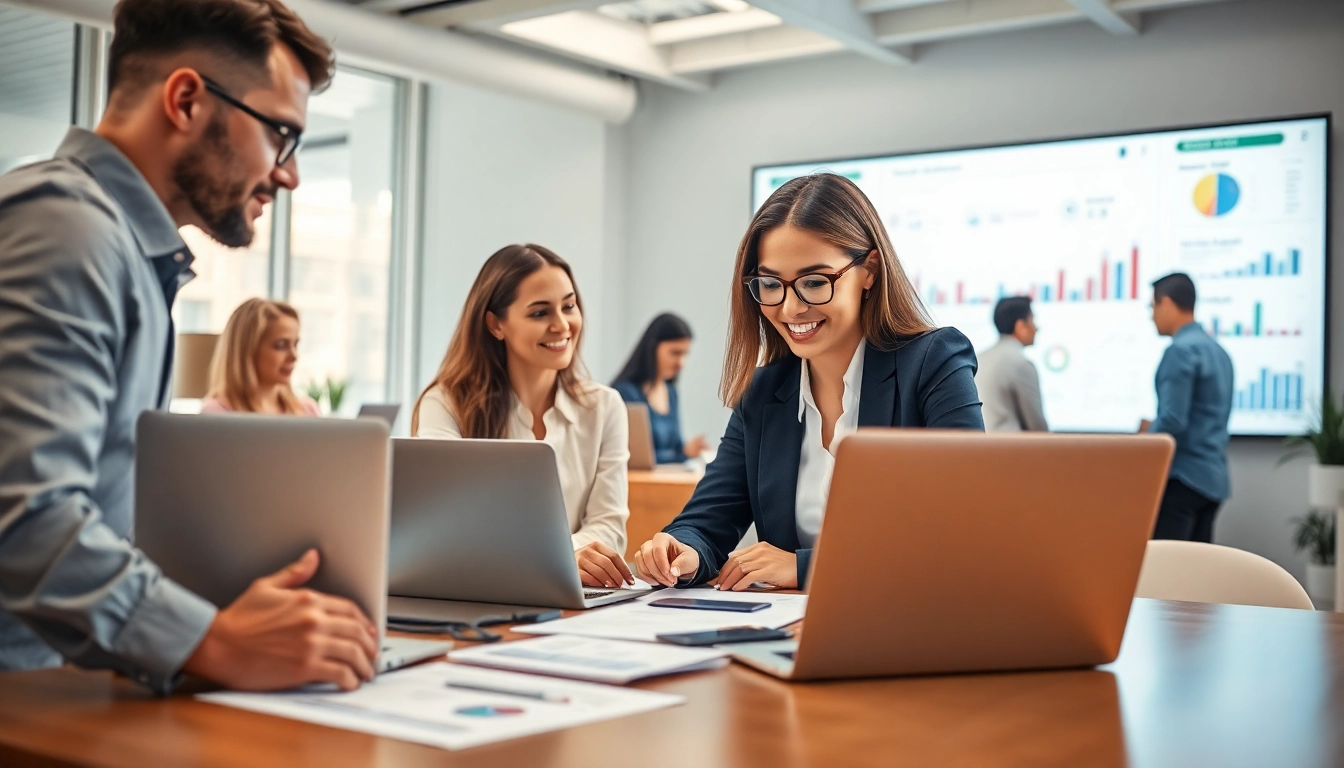 Team collaborating with an enterprise assistant for enhanced productivity and innovation in a modern workspace.