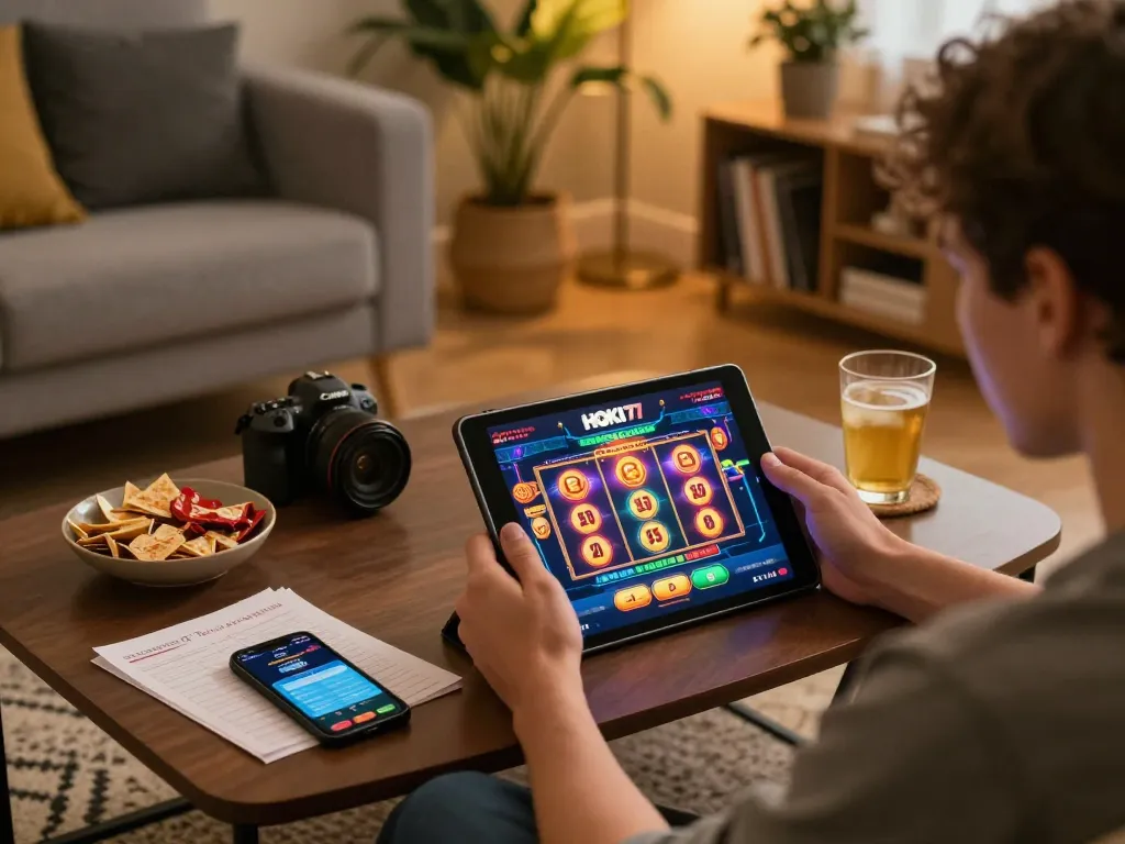Suasana permainan online yang menarik dengan antarmuka HOKI77, tablet menampilkan slot berwarna-warni, suasana rumah yang nyaman.