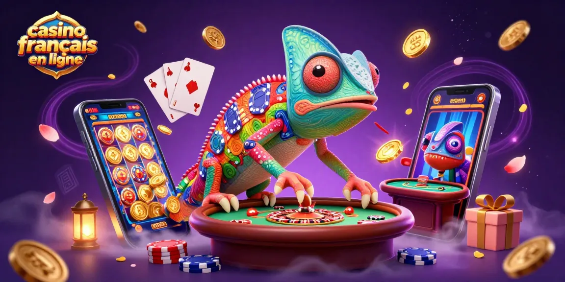 Jouez au casino français en ligne avec un caméléon coloré attirant des pièces d'or dans un environnement magique.