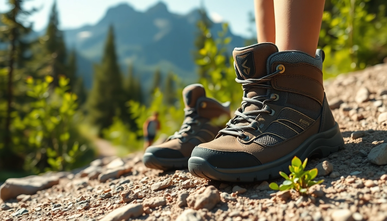Botas montaña niño destacadas en un entorno natural con sendero rocoso y vegetación.