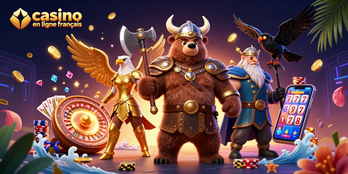 Jouer au casino en ligne français avec une illustration dynamique de personnages épiques et des éléments de jeu captivants.