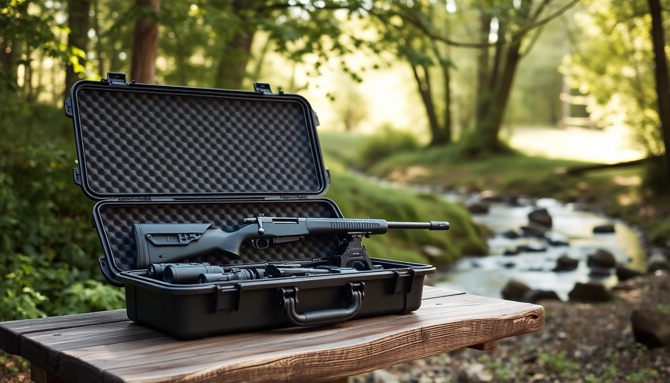 Showcase the pelican rifle case outdoors with a rifle arranged elegantly, highlighting its features.