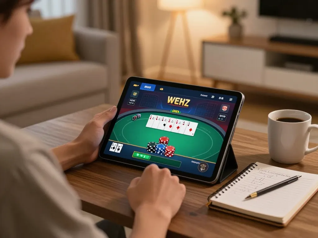 Engage in strategic poker gameplay at home with KKWIN on a tablet, warm atmosphere.
