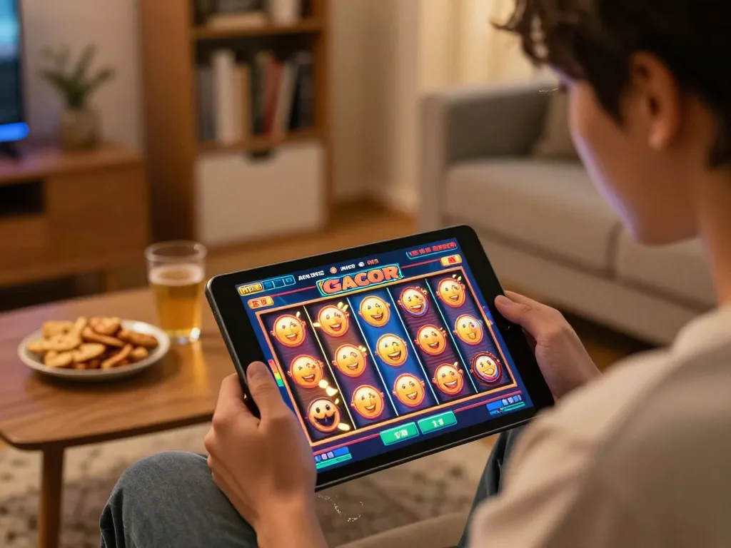 Player engaging with slot gacor interface on tablet while enjoying gaming in a cozy home