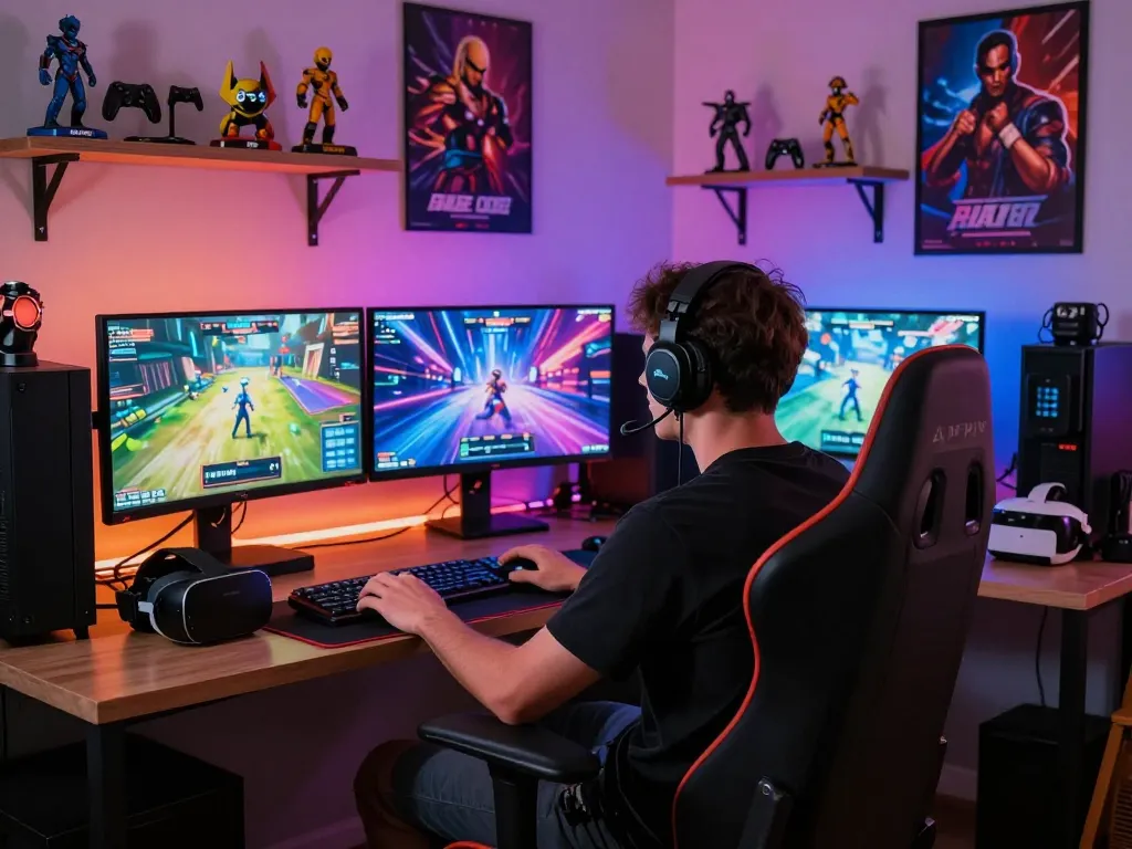 Engaging gamer enjoying AI porn games in a modern gaming setup with vibrant LED lighting.