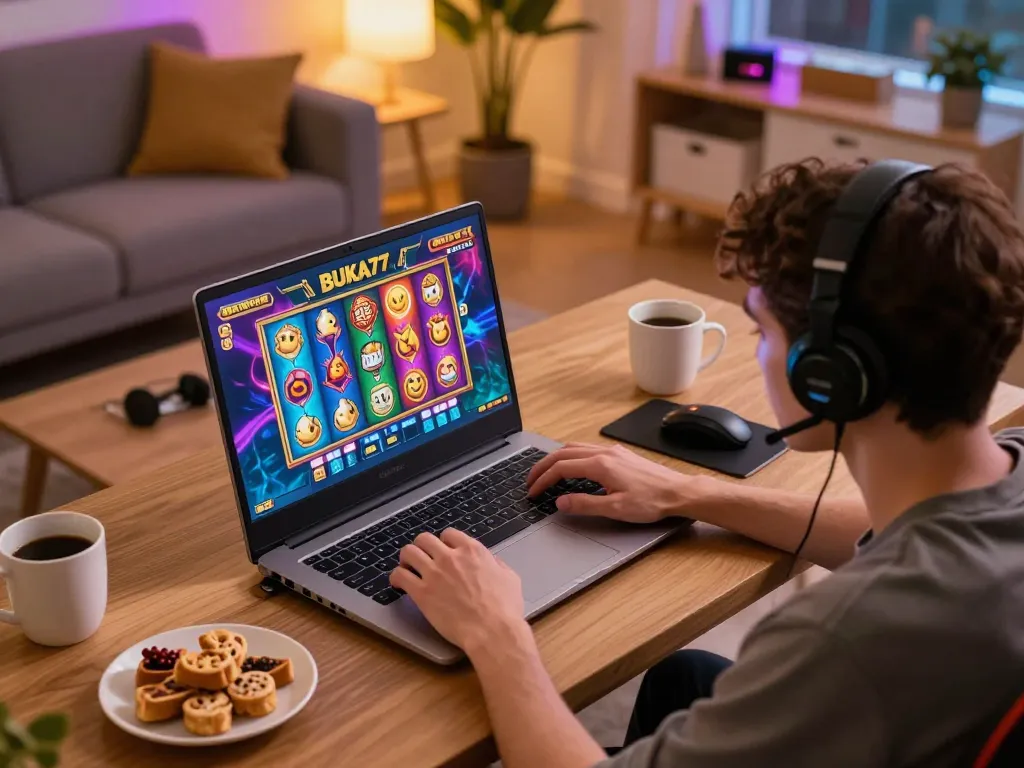 Player using BUKA77 for online slot games, enjoying a cozy gaming atmosphere at home with engaging visuals.