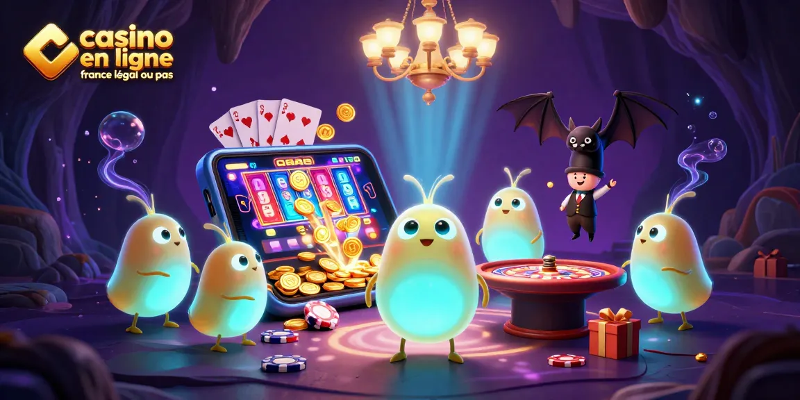 Plongez dans le monde du casino en ligne France légal ou pas avec une illustration captivante de vers luisants illuminant un casino.