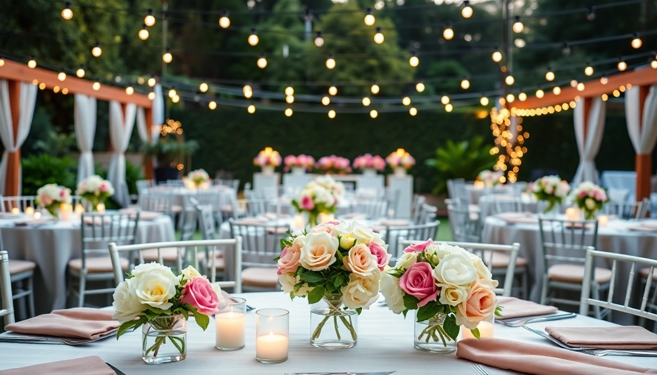 Enjoy stunning Event Rentals with beautifully arranged tables and floral decor in a garden setting.