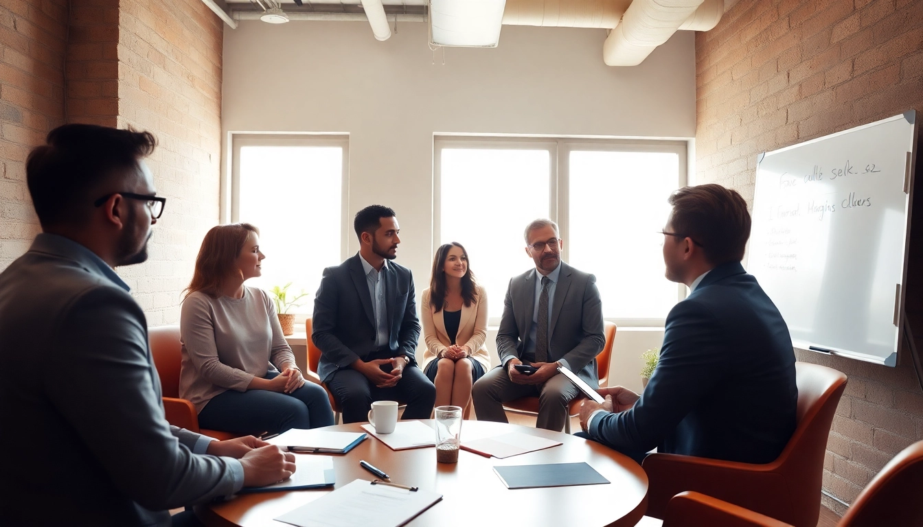 Mediation session with participants discussing in a bright office environment.