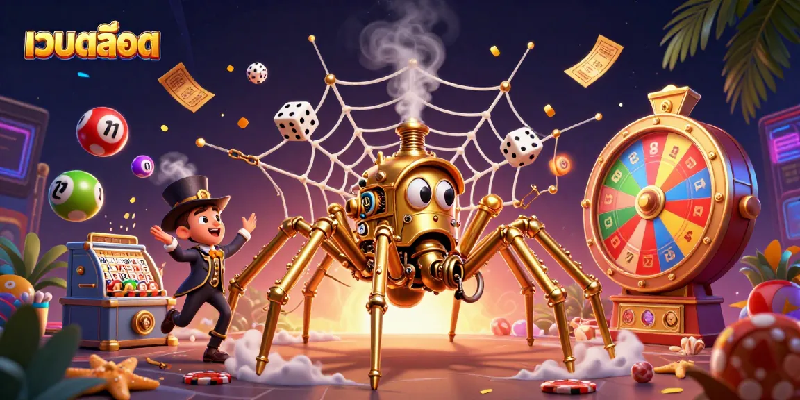 Engage in เว็บสล็อต fun with a steampunk spider, lottery elements, and a trapped fly gentleman in a vibrant casino scene.
