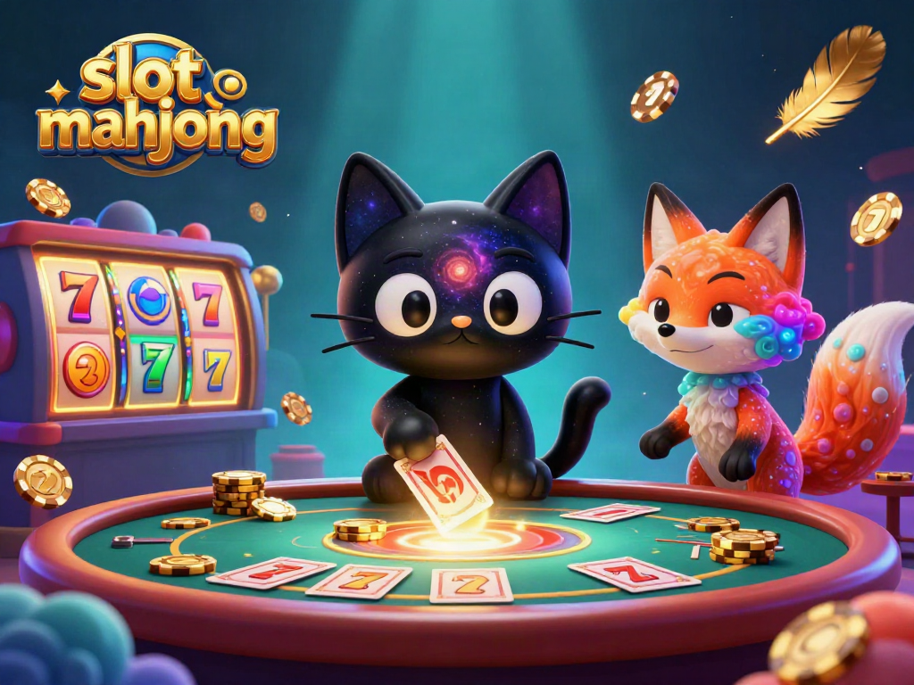 Engage with slot mahjong at a vibrant cosmic casino, featuring a black hole cat controlling golden chips.
