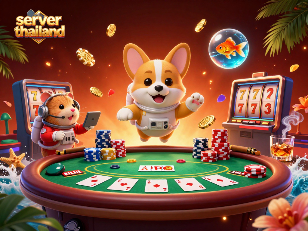 Experience thrilling gameplay in server thailand with a vibrant casino scene featuring floating characters and gaming elements.
