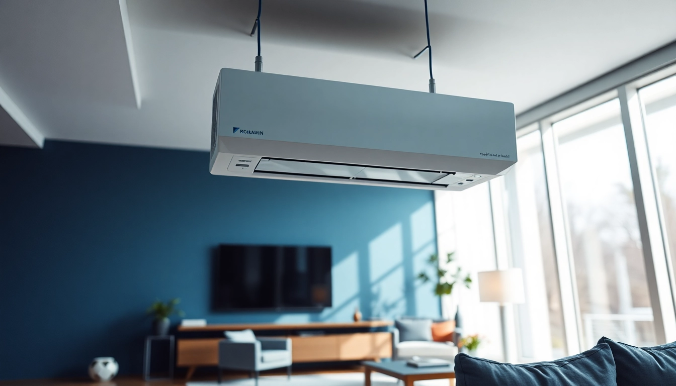 Showcasing a Daikin mini split AC unit in a contemporary living room with bright ambiance and stylish decor.