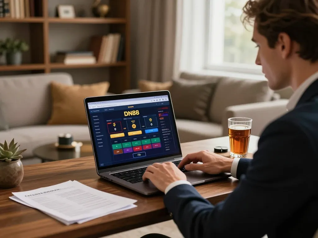 Engaging player on DN88 betting platform in upscale home office, showcasing responsible gambling experience