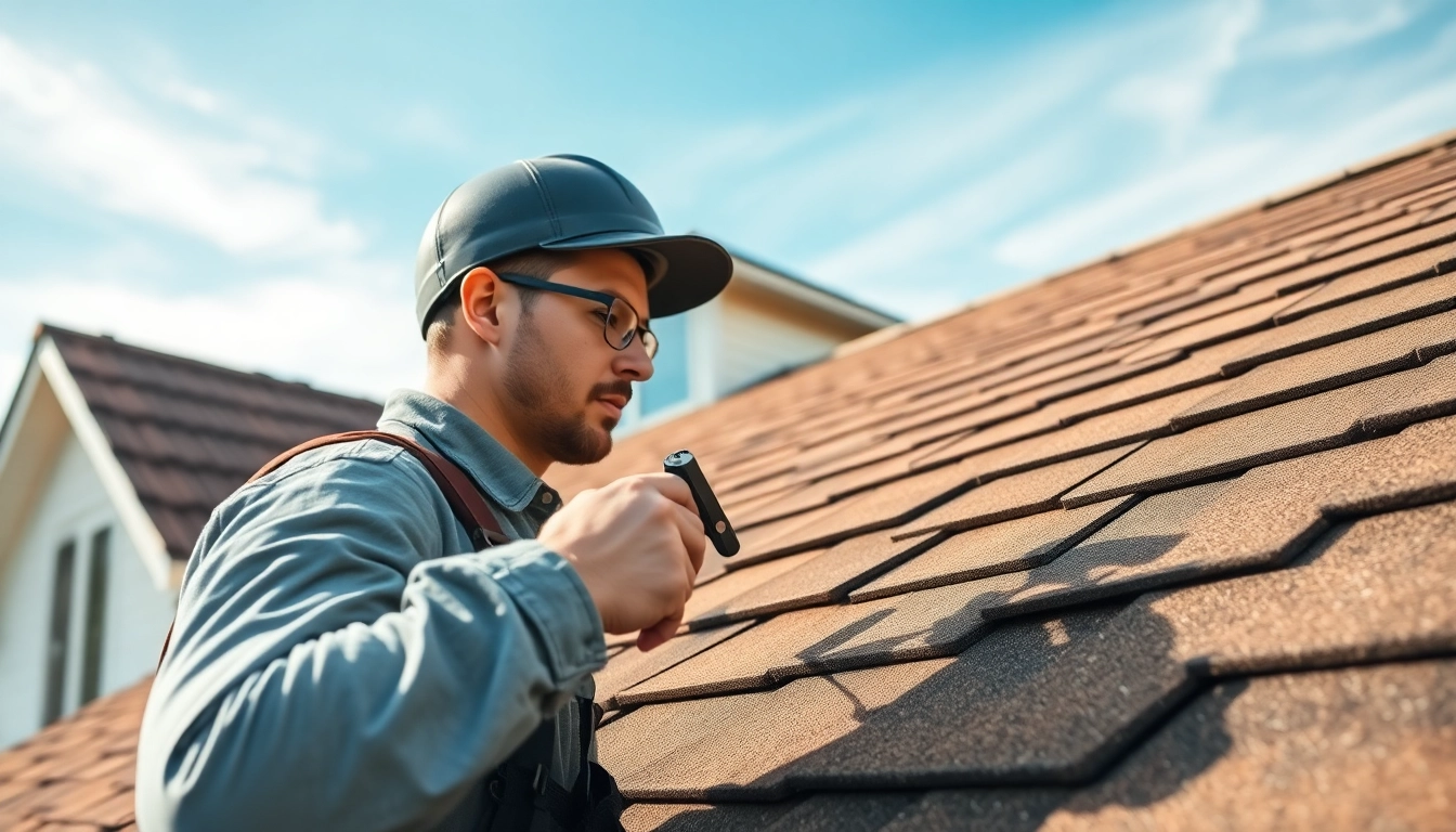 Engaging roof repair expert assessing shingles on a home's roof.