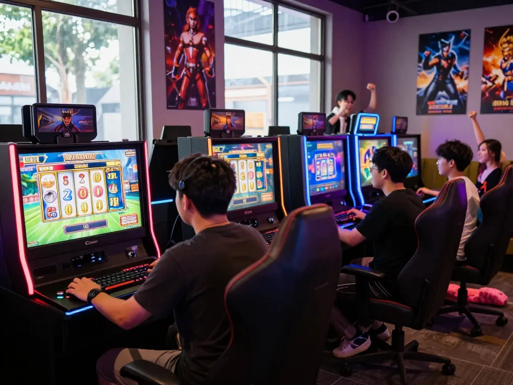 Players celebrating a win with slot bet 200 in a vibrant gaming lounge.