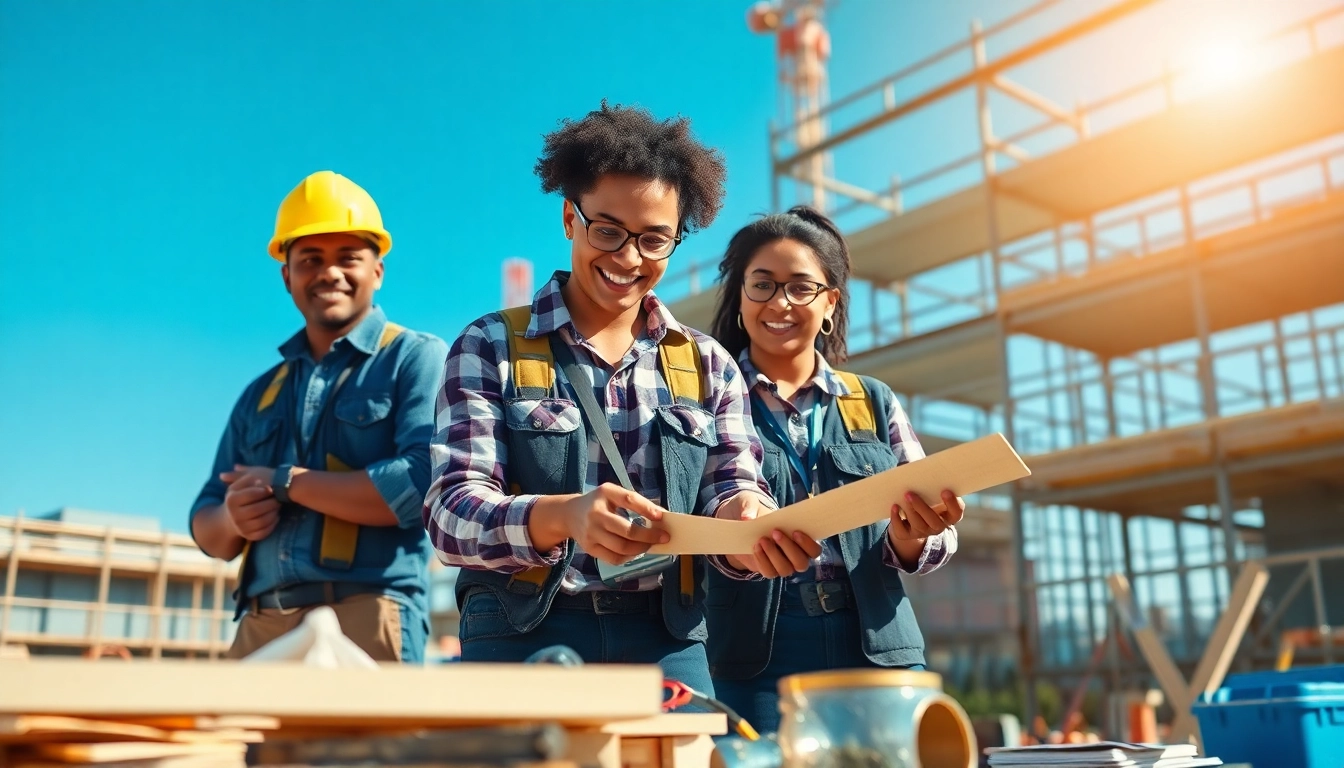 Apprentices working on a construction apprenticeship with tools and materials at a training site.