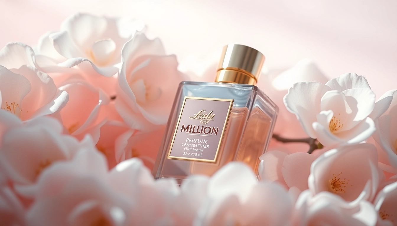 Admire the exquisite lady million perfume elegantly displayed with flowers.