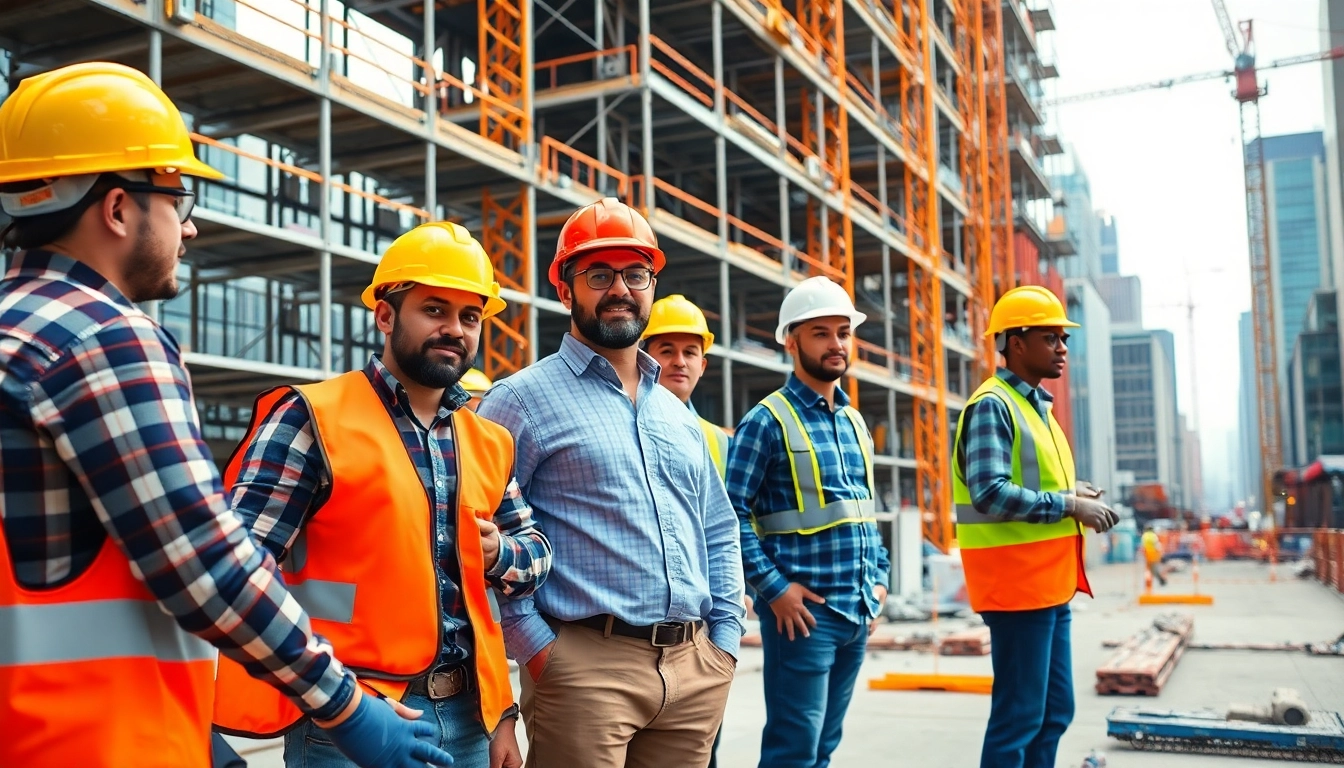 New York General Contractor overseeing a busy urban construction site with a diverse team.