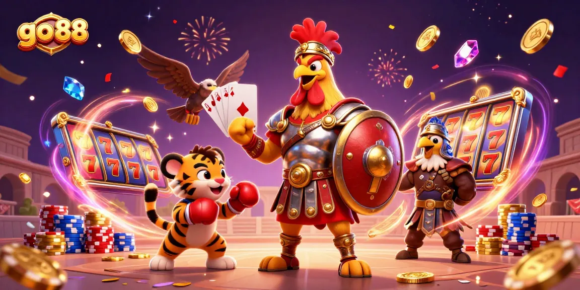 Experience thrilling gameplay as go 88 reveals a vibrant scene of a gladiator rooster, lucky slots, and dynamic poker elements.
