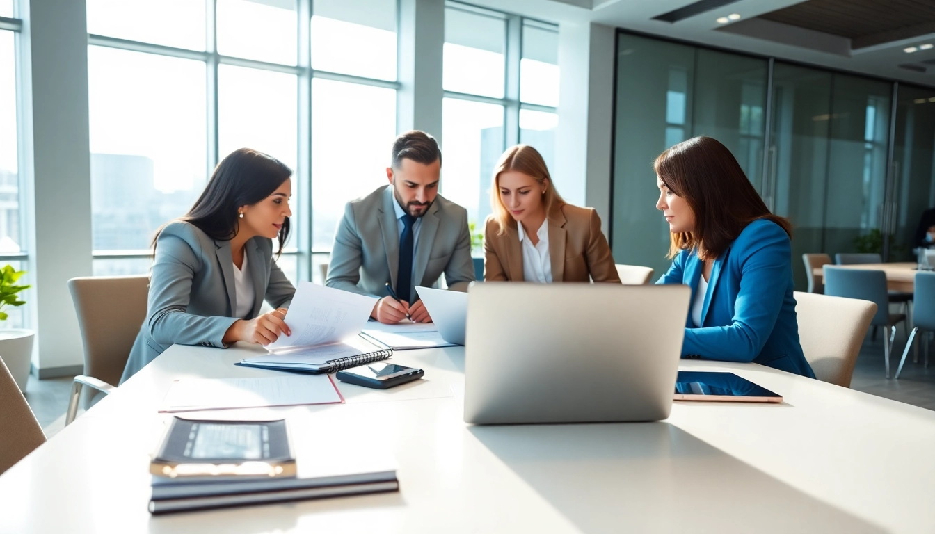 Engaged professionals discussing contracts and grants in a modern office environment.