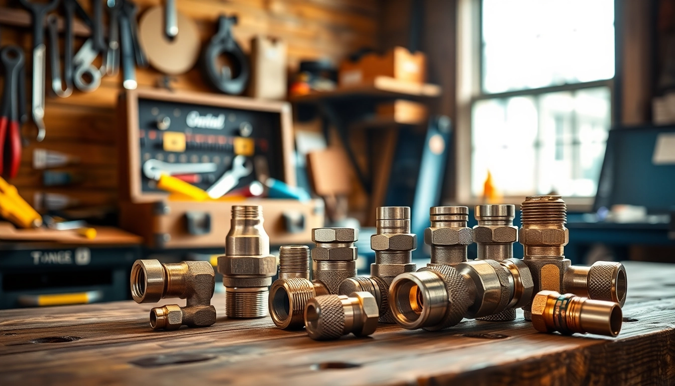 Showcase Ethanol-safe fuel fittings in a professional workshop with tools and warm lighting.