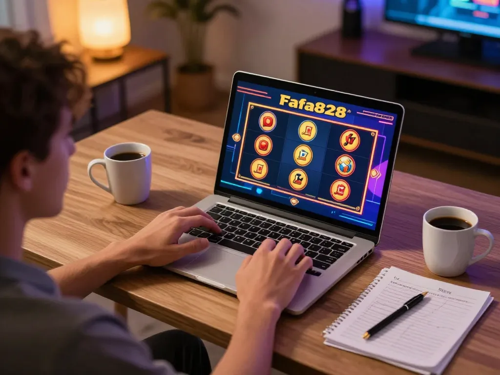 Engaged player winning on FAFA828 online slots in modern home, showcasing responsible gambling.