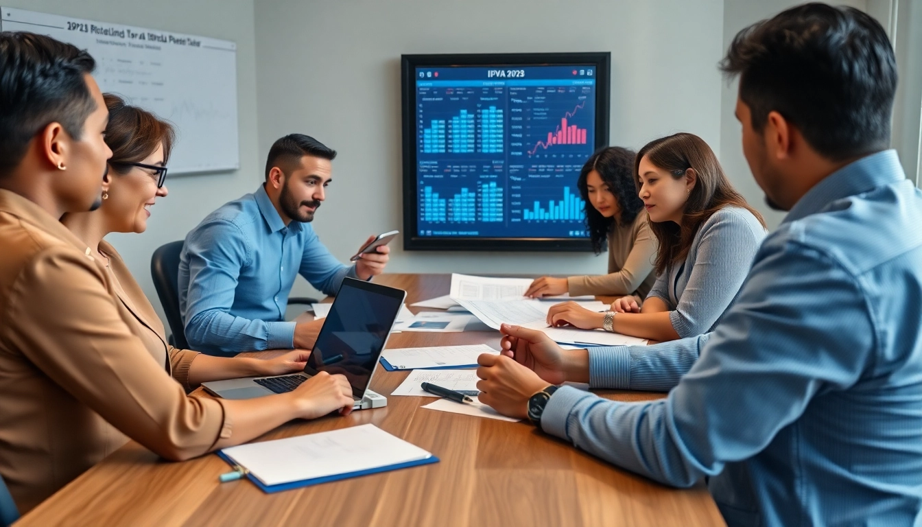 Business professionals discussing IPVA GO 2026 calendar dates in an organized office setting.