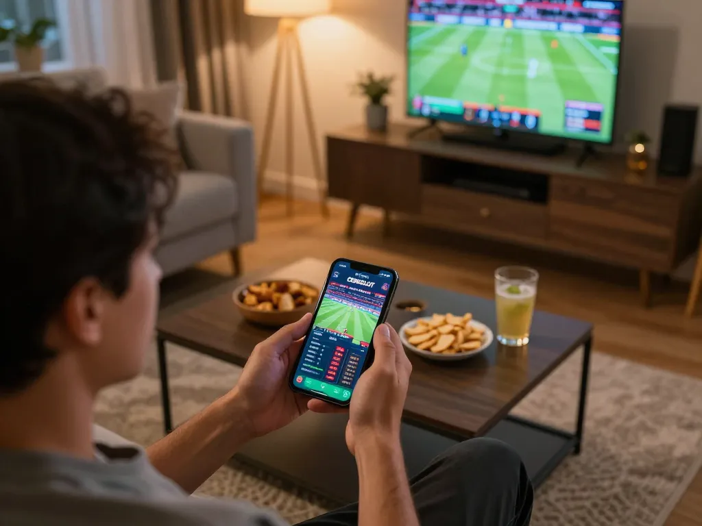 CEMESLOT user engaged with sports betting app in a modern home, highlighting strategic online gambling.
