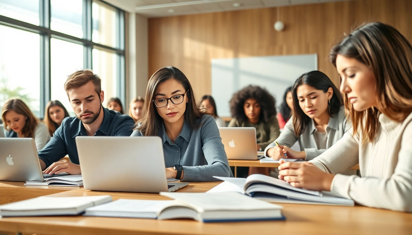 Engaged TOEFL test takers for hire collaborating in a modern classroom setting.