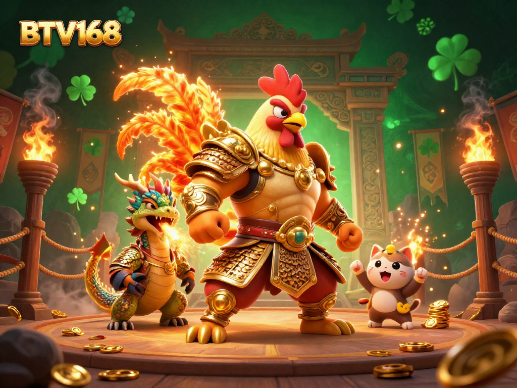 Experience the thrill of BTV168 with dynamic characters and elements in a vibrant casino-themed illustration.