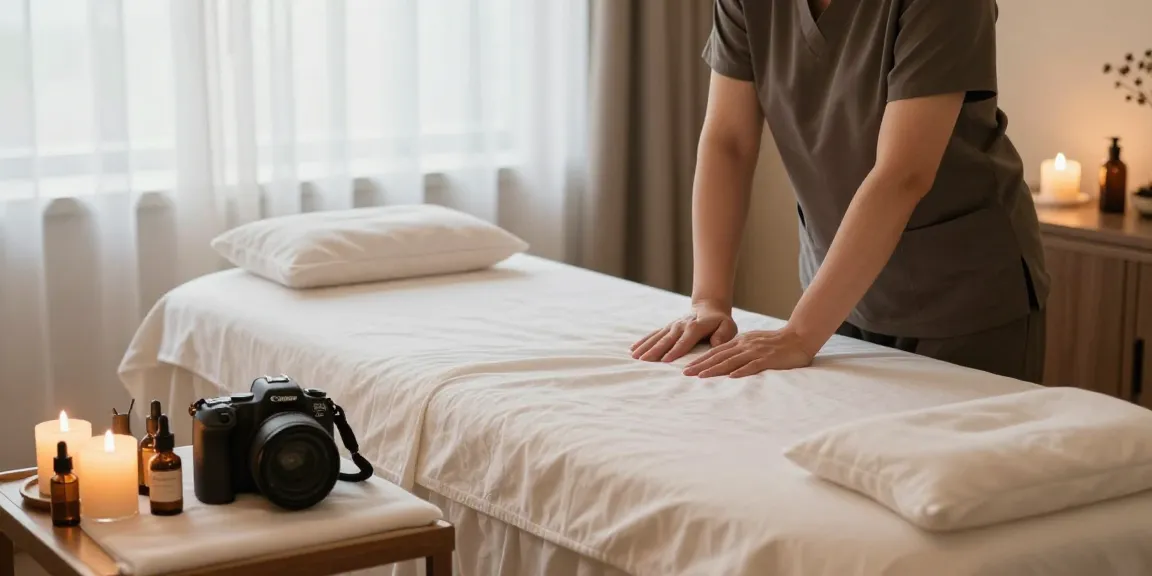 Relaxing motel room ready for 모텔출장마사지 with massage table and calming decor.