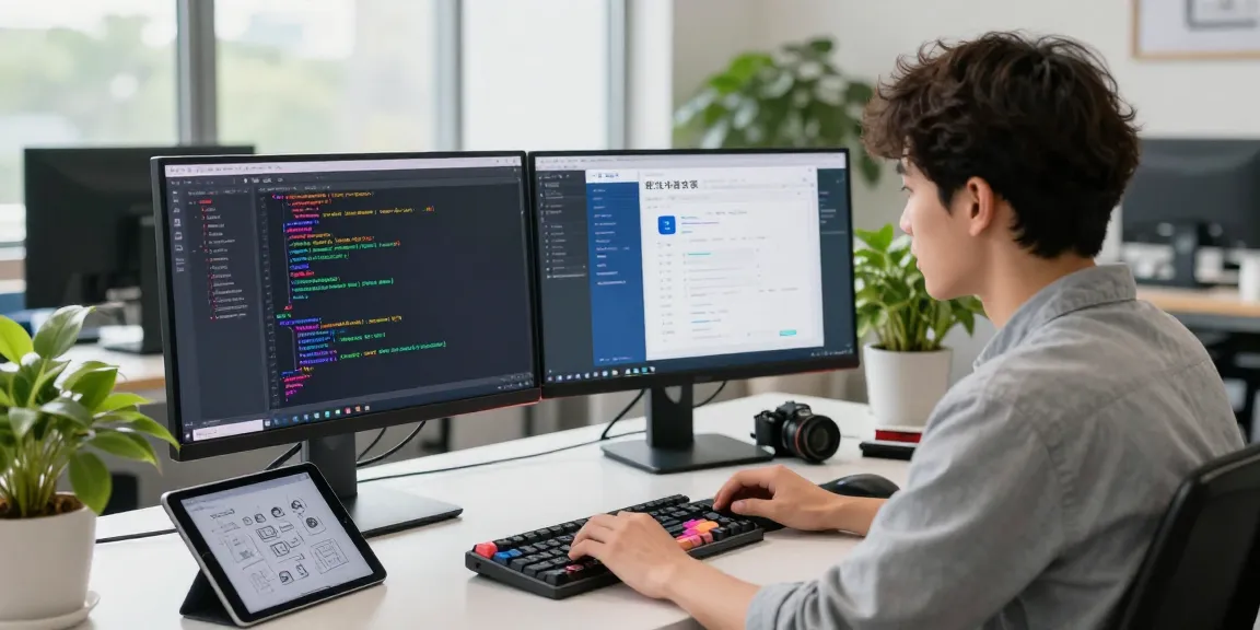 Developer coding 纸飞机中文版 app at modern workspace with dual monitors and natural light.