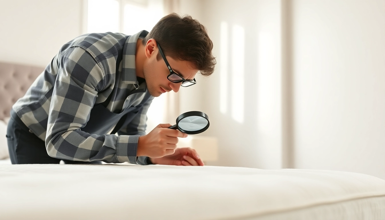 Technician performing bed bug control inspections in a bright, clean bedroom setting.