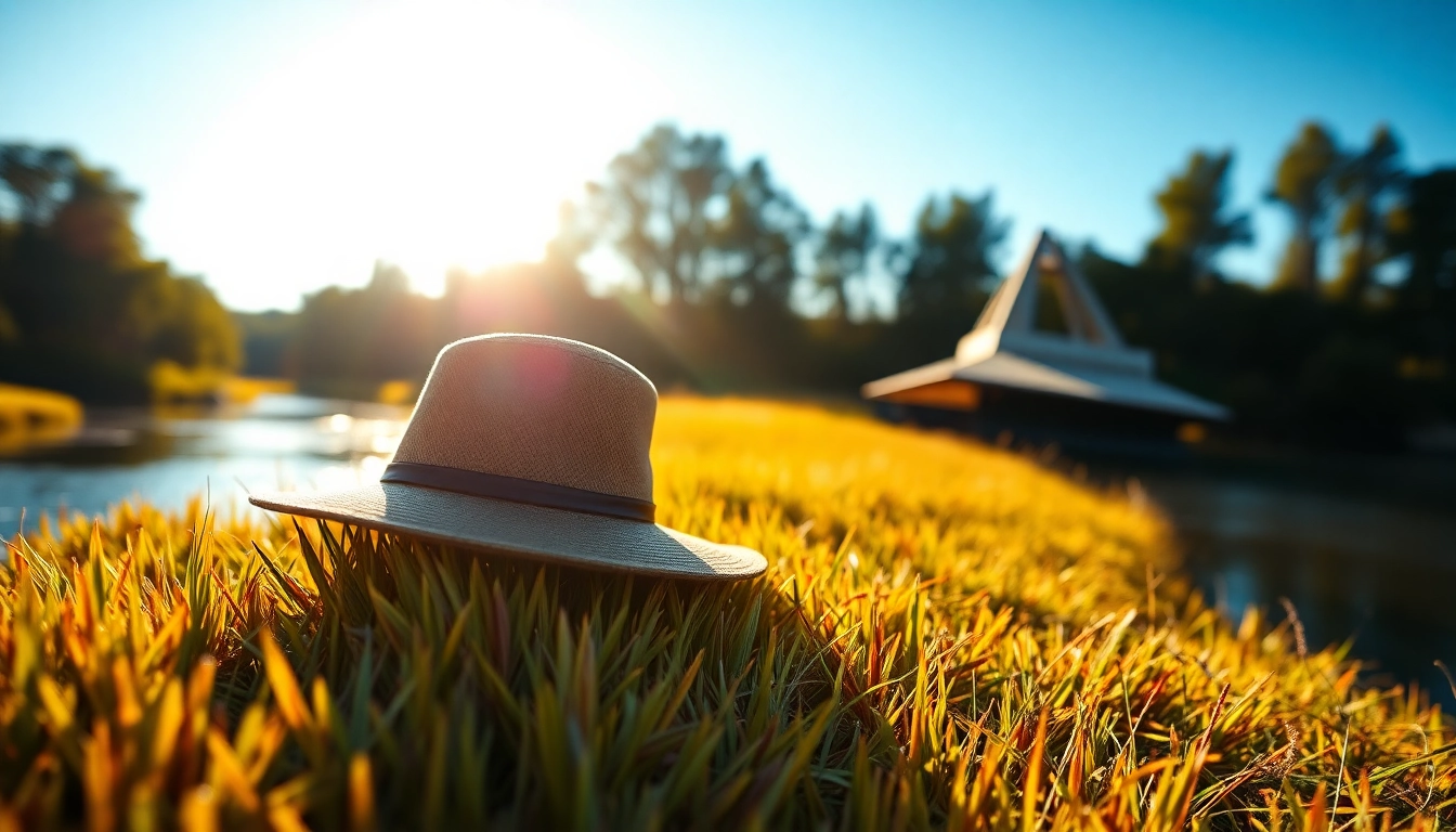 Fly fishing hat elegantly displayed near a flowing river, showcasing its stylish design.