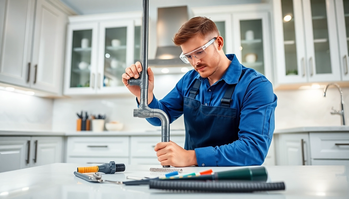 Plumber near me fixing pipes in a modern kitchen setting, showcasing expertise and reliability.