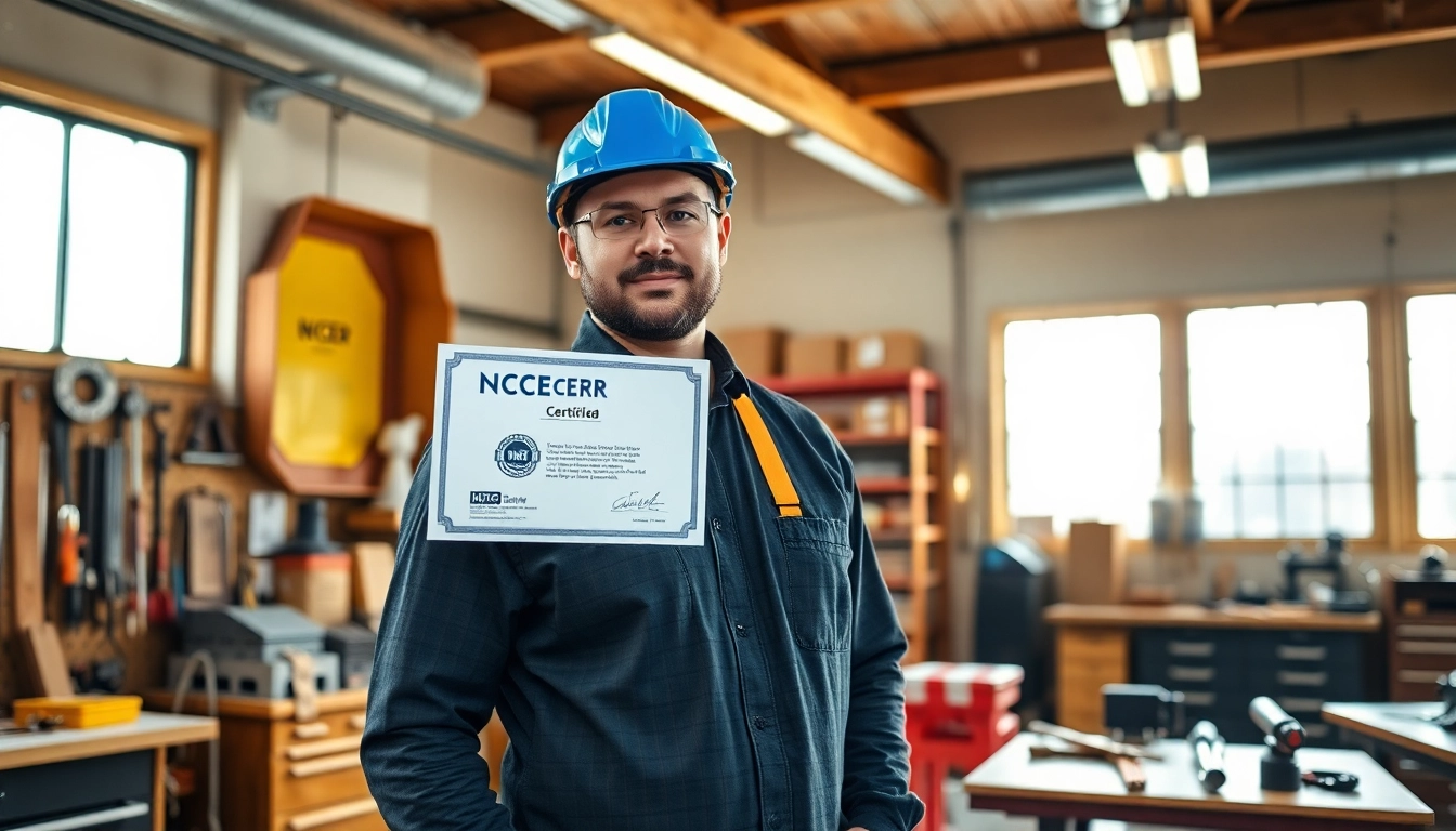 Certified tradesperson showcasing their nccer certification in a vibrant workshop setting.