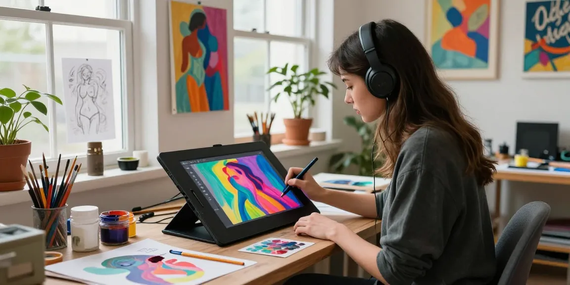 Creative artist illustrating ai porn themes in a vibrant studio, showcasing modern digital art.