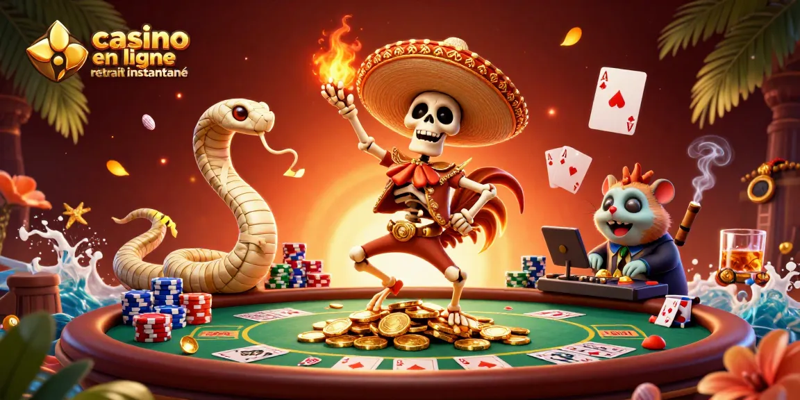 Illustration de casino en ligne retrait instantané avec des personnages 3D animés sur un tas de pièces d'or.