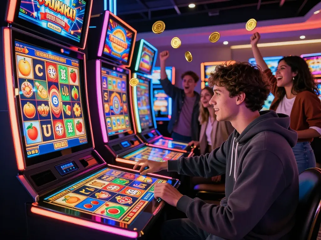 Pemandangan kasino online yang menarik menampilkan seorang pemain di mesin slot, mencerminkan kegembiraan slot gacor hari ini.