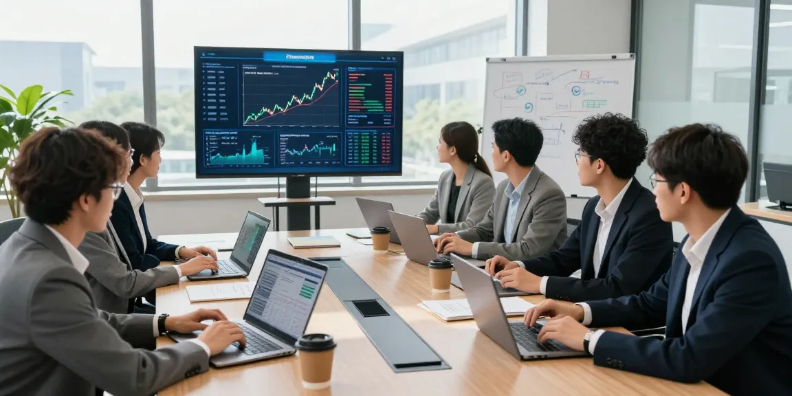 Business analysts collaborating on financial crime intelligence strategies in a modern office.