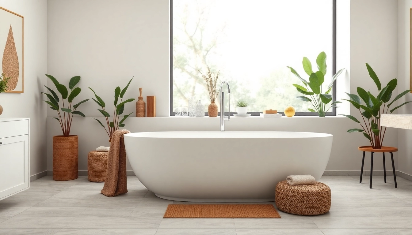 Vasca da bagno moderna in un ambiente elegante e rilassante, con decorazioni naturali.