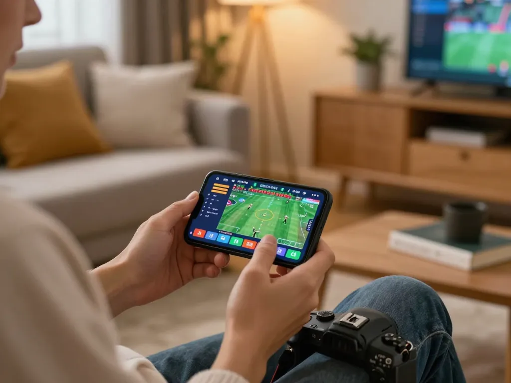 king33 player using smartphone for sports betting at home with live updates visible