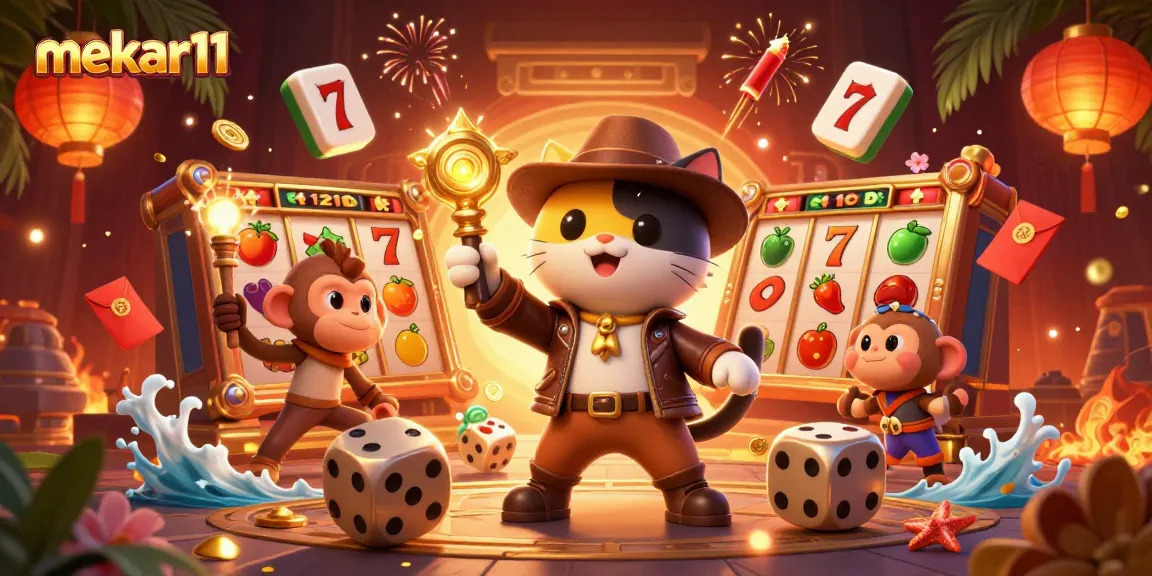 Engage with mekar11's vibrant casino adventure featuring 3D characters discovering treasures among slots and golden artifacts.