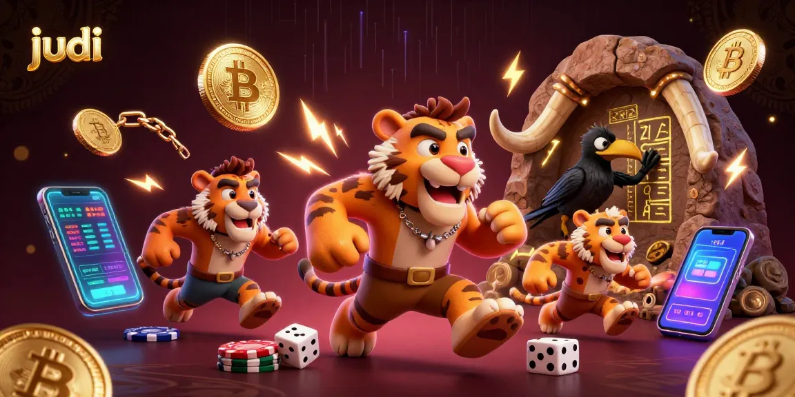 Experience thrilling judi games with the caveman duo at their prehistoric casino, filled with vibrant gaming elements.