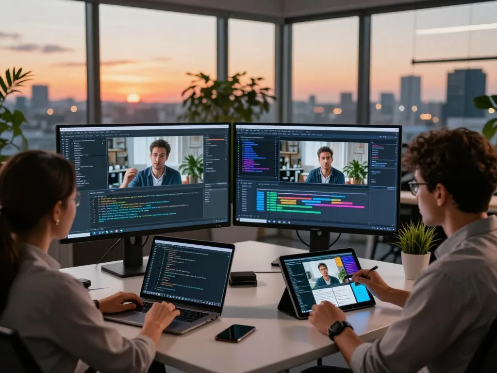 Video to prompt ai team analyzing video prompts during a sunset in a modern workspace.