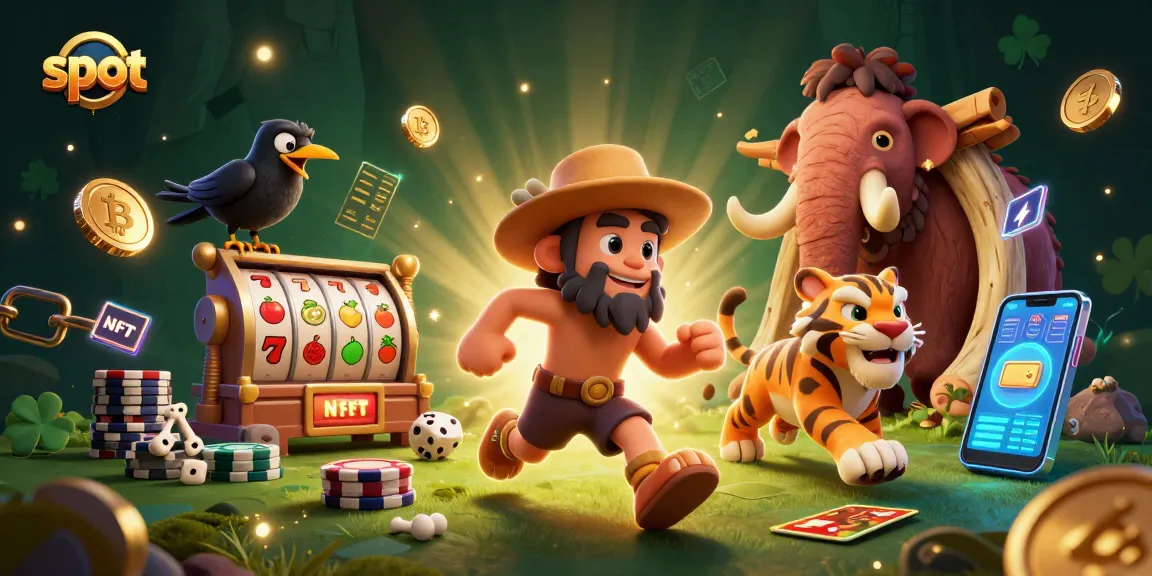 Spin exciting slot games with caveman characters, jackpot reels, and neon cryptocurrencies.