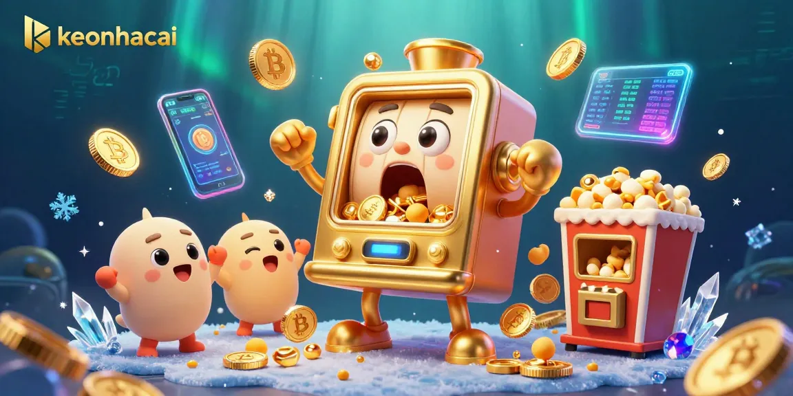 Vibrant 3D illustration showcasing keonhacai slot machines celebrating winning moments with coins and crypto elements.