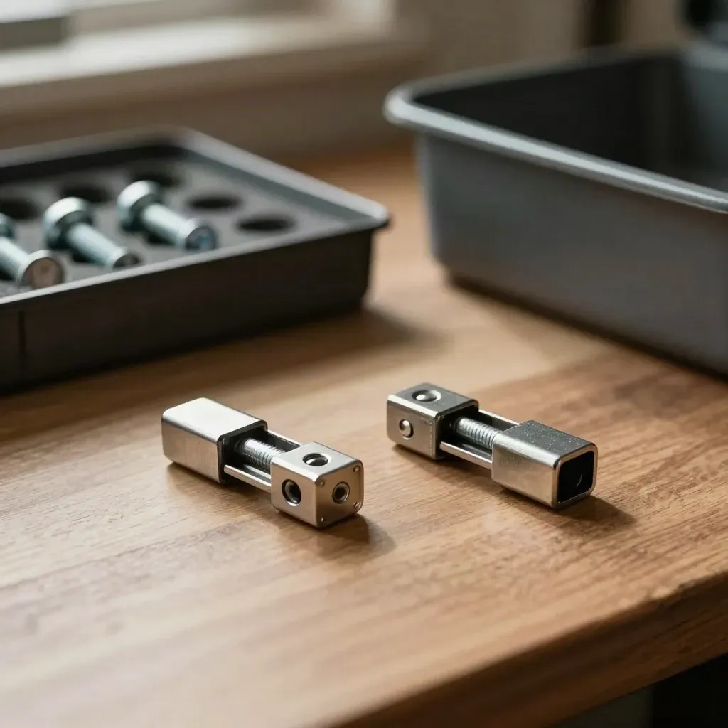 Replacement clips, bolts and a panel latch in silver on a walnut bench, with one worn part beside them.