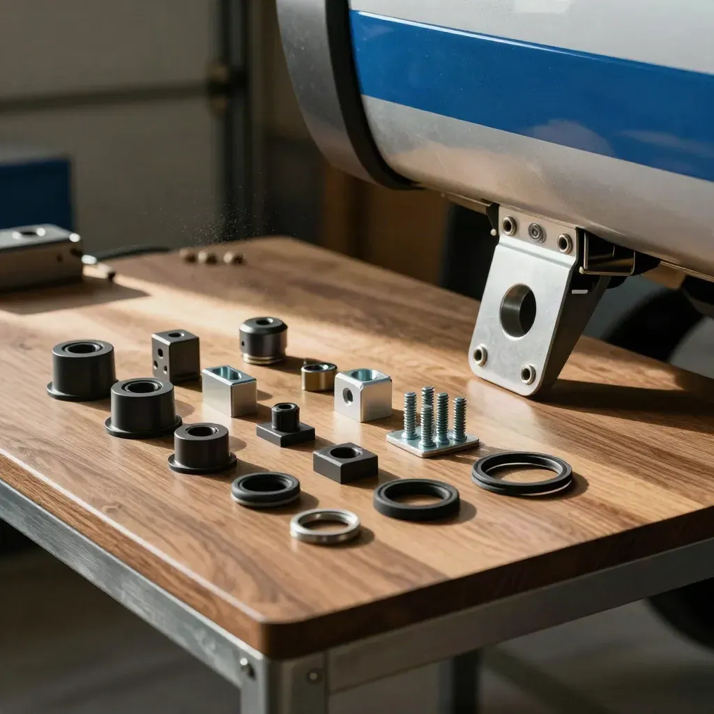 Compatibility check layout of brackets, housings, and spacers around a vehicle mounting point.